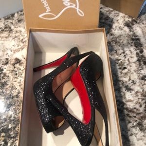 Christian Louboutin black sparkle peep tie pump